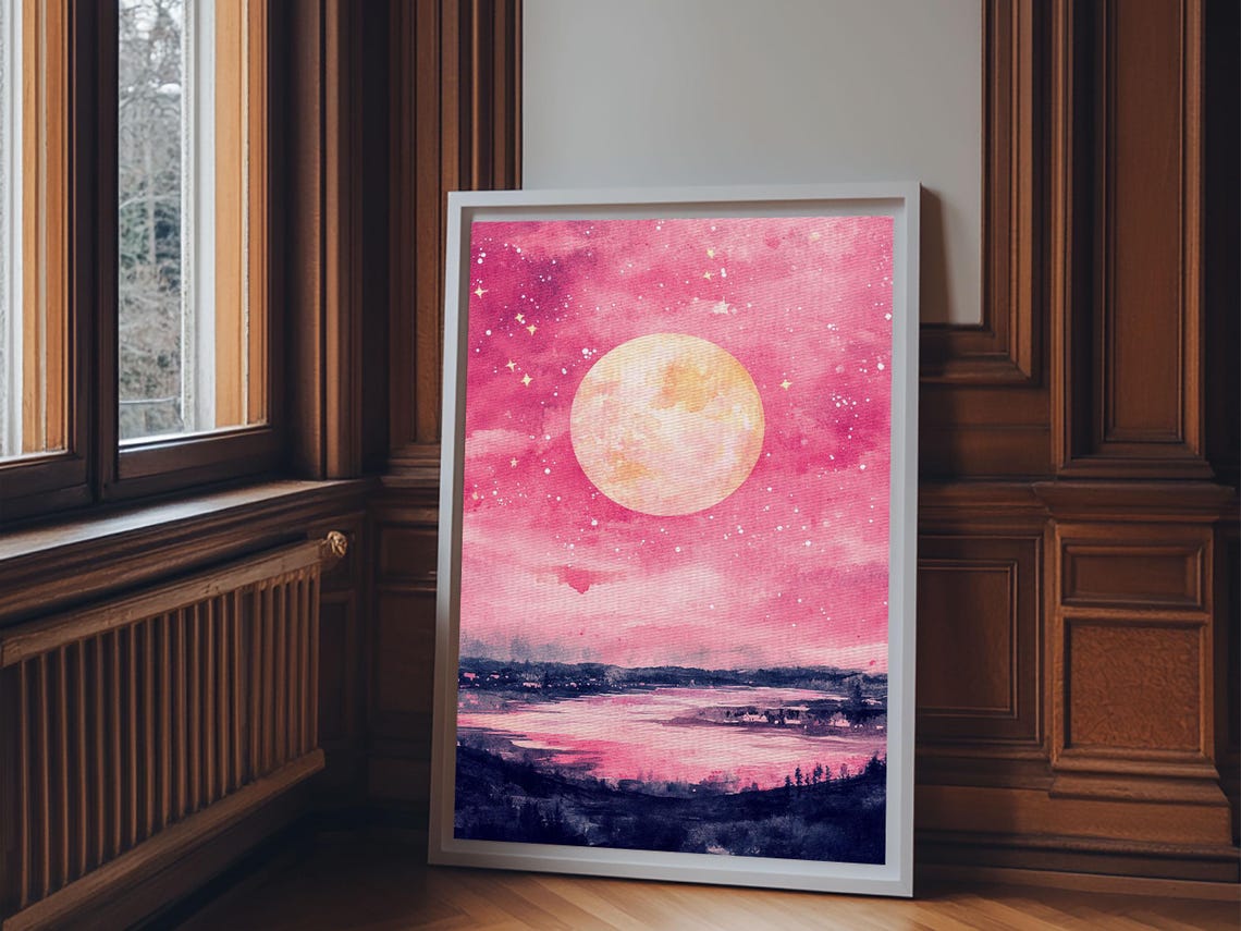 Pink Moonlit Night Lake Starry Sky Dreamy Watercolor Landscape Print - Image 2