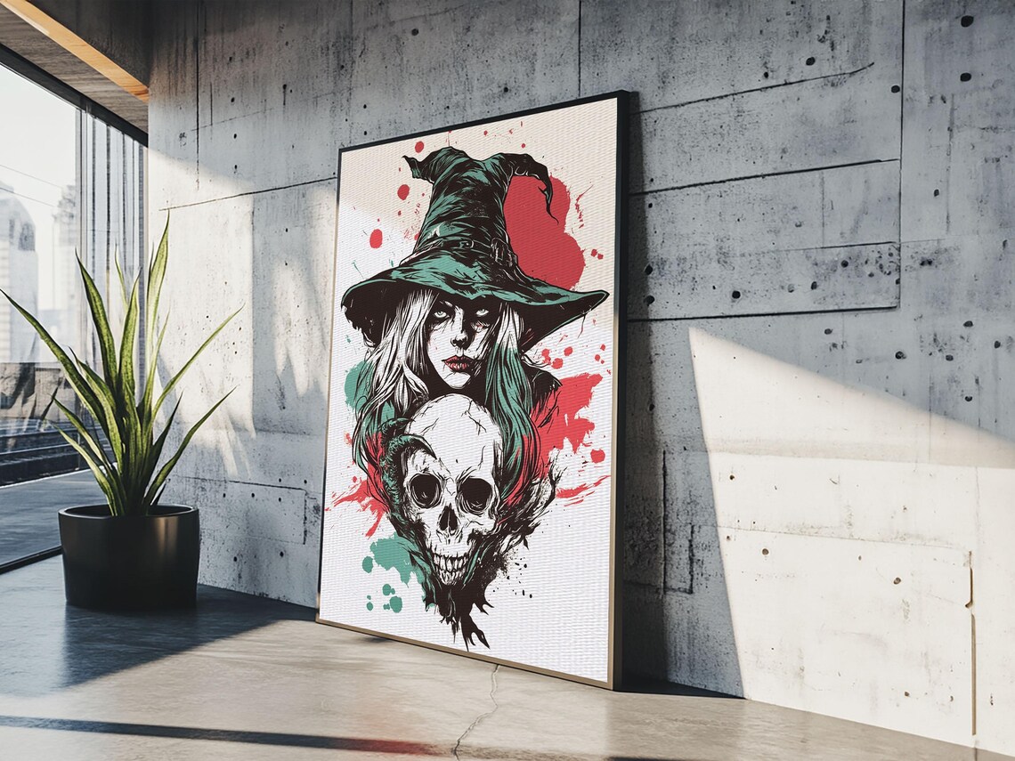 Witch Skull Portrait Dark Gothic Teal Graphic Style Halloween Wall Art Poster - Image 5