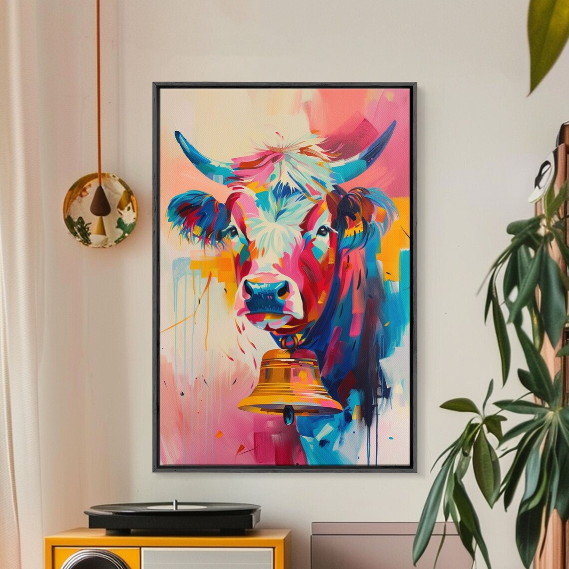 Colorful Highland Cow Bell Vibrant Pop Art Farm Animal Wall Poster
