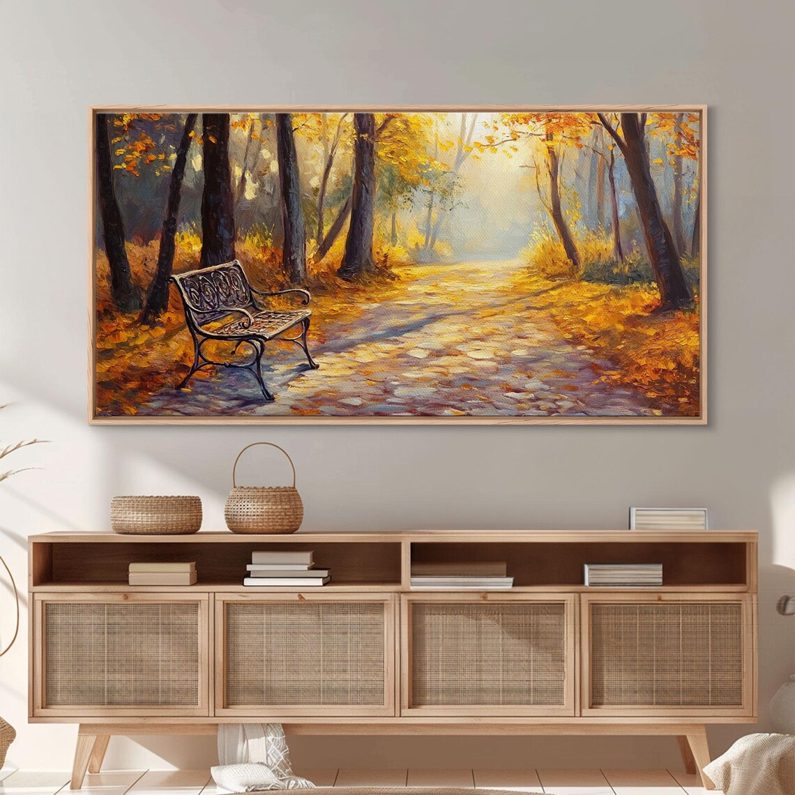 Golden Autumn Park Path Iron Bench Sunlight Fall Painting Print - Image 6