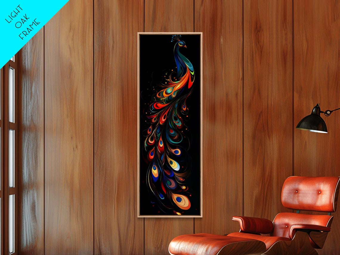 Whimsical Rainbow Peacock Black Background Vertical Boho Art Poster - Image 6