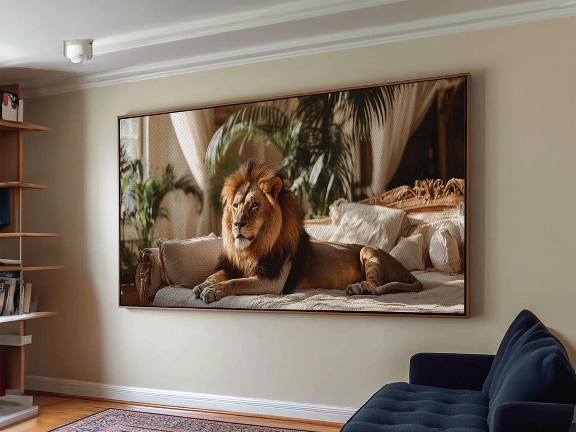 Majestic Lion Lounging Vintage Sofa Sunlit Conservatory Wildlife Art Poster - Image 6
