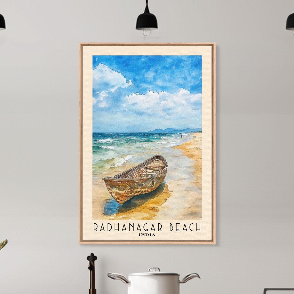 Radhanagar Beach India Weathered Wooden Boat Sandy Beach Blue Sea Watercolor Poster - Image 6