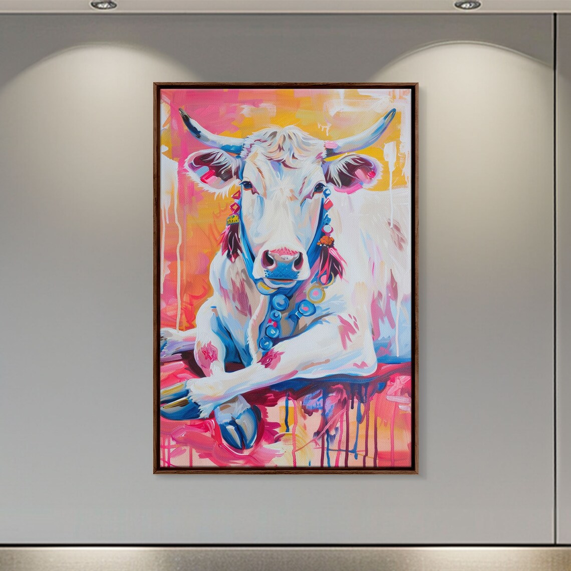 White Longhorn Cow Portrait In Colorful Pop Art Style Wall Poster