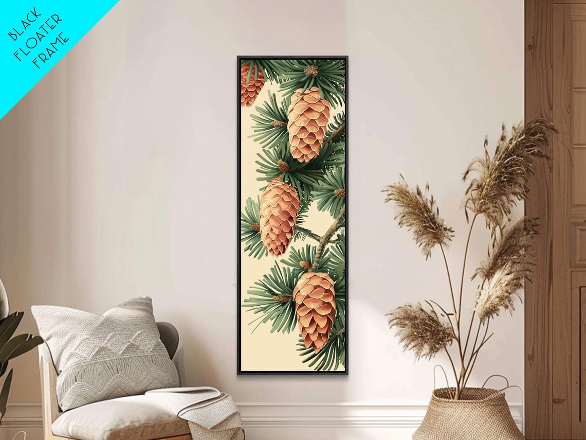 Golden Pinecones On Green Pine Needles Vintage Botanical Wall Art - Image 4