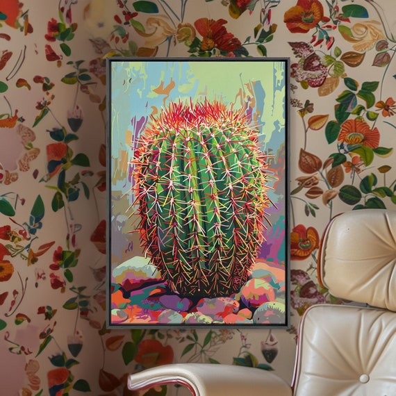Bold Barrel Cactus Art With Red Spines Framed Print Vibrant Desert Decor Living Room Art Cactus Wall Art For Home