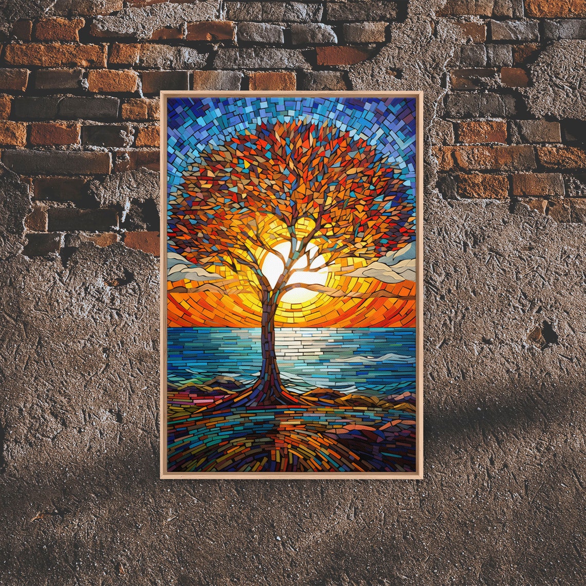 Mosaic Sunset Tree By The Sea Orange Leaves Blue Ocean View Art Poster - Image 4