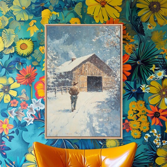 Cowboy Walking In Snow Scene Framed Print Moody Landscape Art For Winter Home Decor 2024 Rustic Winter Wall Art