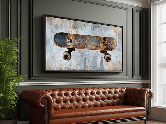 Vintage Skateboard Art Framed Print Industrial Decor Rustic Wall Art Tall Narrow Art Great Living Room Centerpiece Unique Artwork
