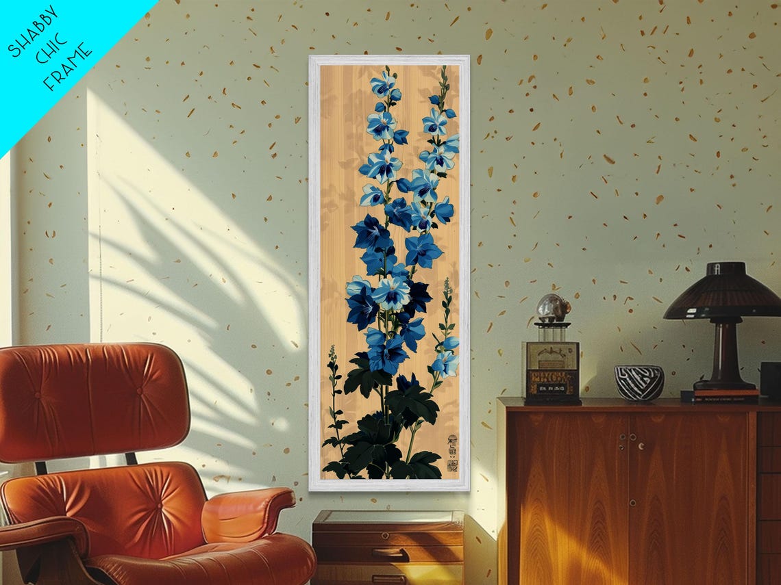 Tall Blue Delphinium Flowers Against Beige Japanese Style Wall Art - Image 2