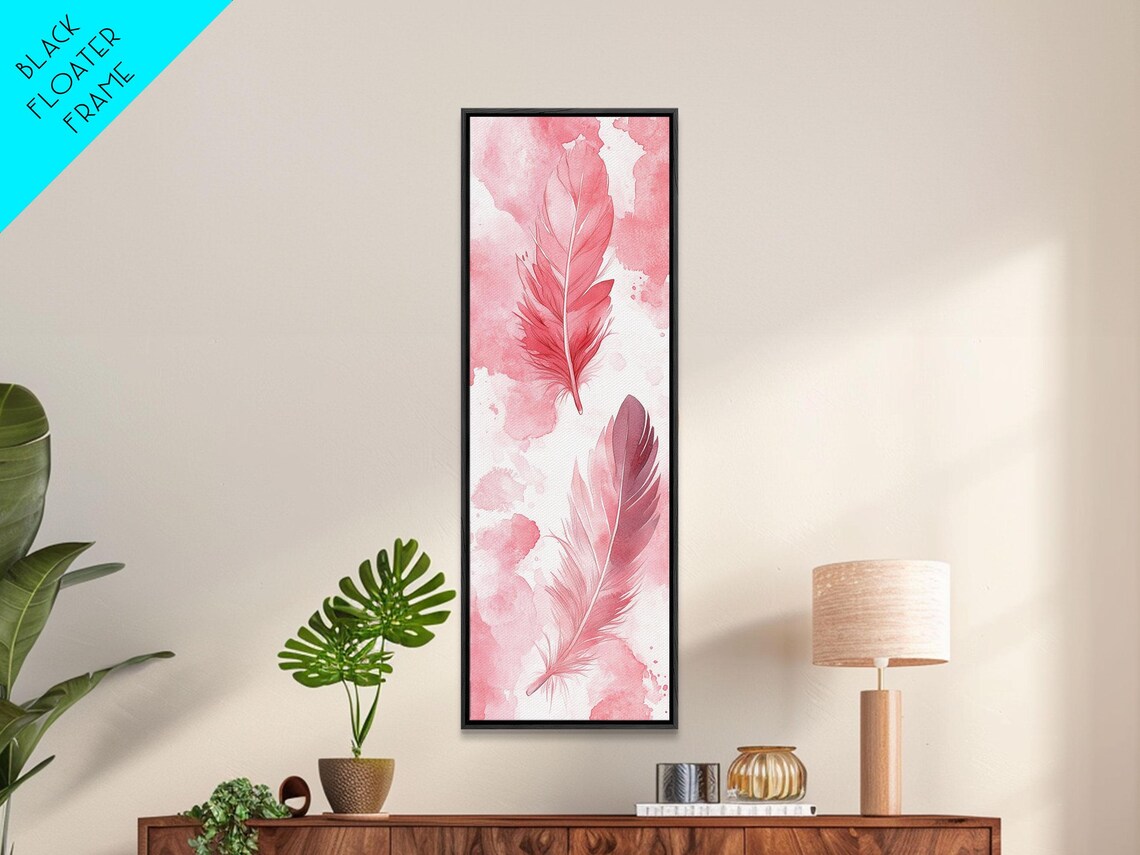 Elegant Pink Red Feathers Watercolor Minimalist Boho Wall Art - Image 2