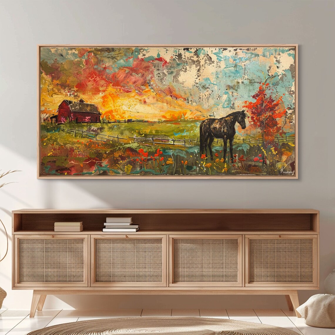 Black Horse Autumn Field Red Barn Colorful Sky Farm Painting Poster - Image 3