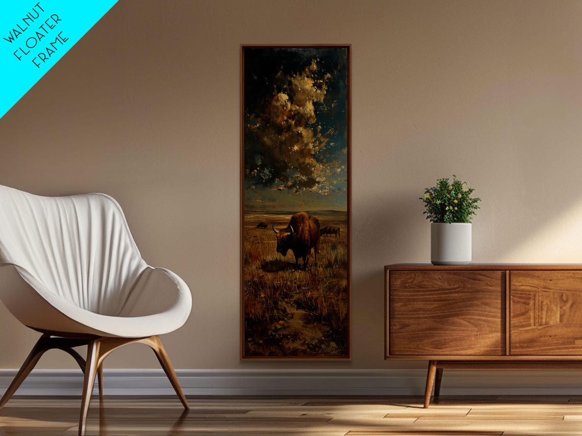 Wild Bison On Golden Prairie Grassland Impasto Dramatic Sky Poster - Image 3