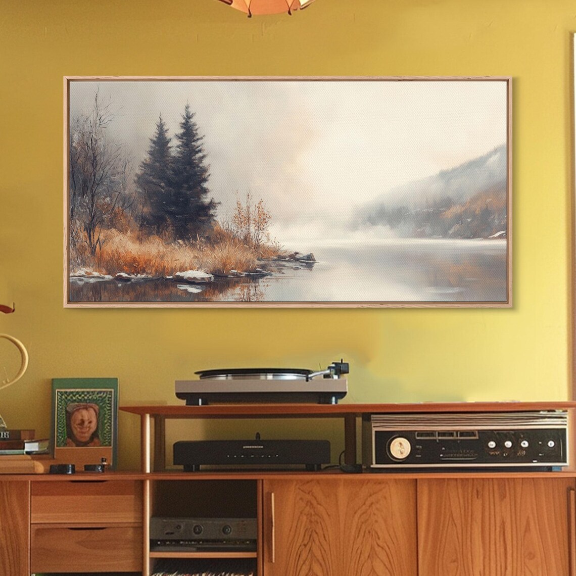 Fall On The River Watercolor Misty Banks Pines Still Water Poster - Image 3