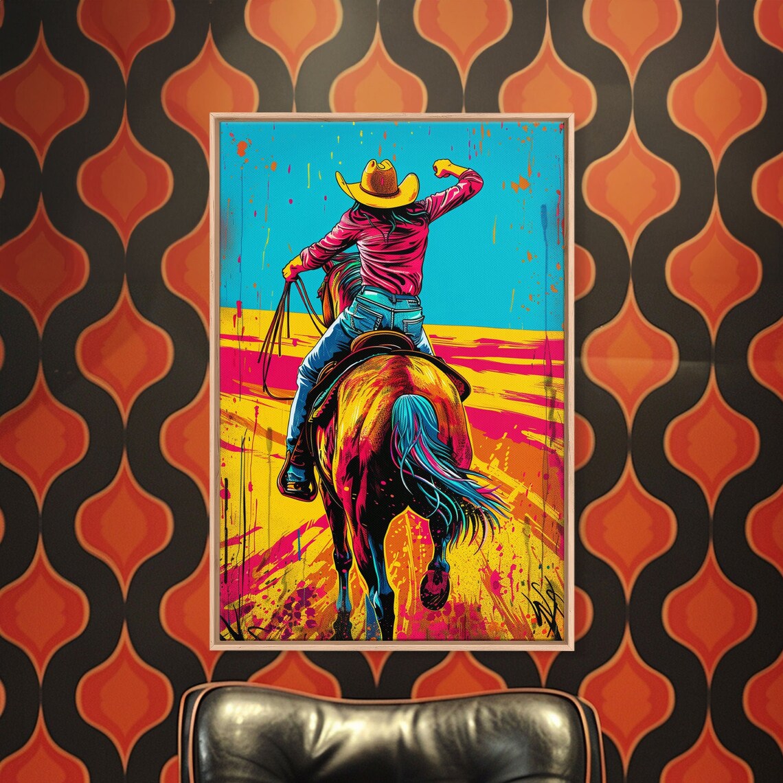 Pop Art Cowgirl Riding Horseback Bold Teal Sunset Western Art Poster