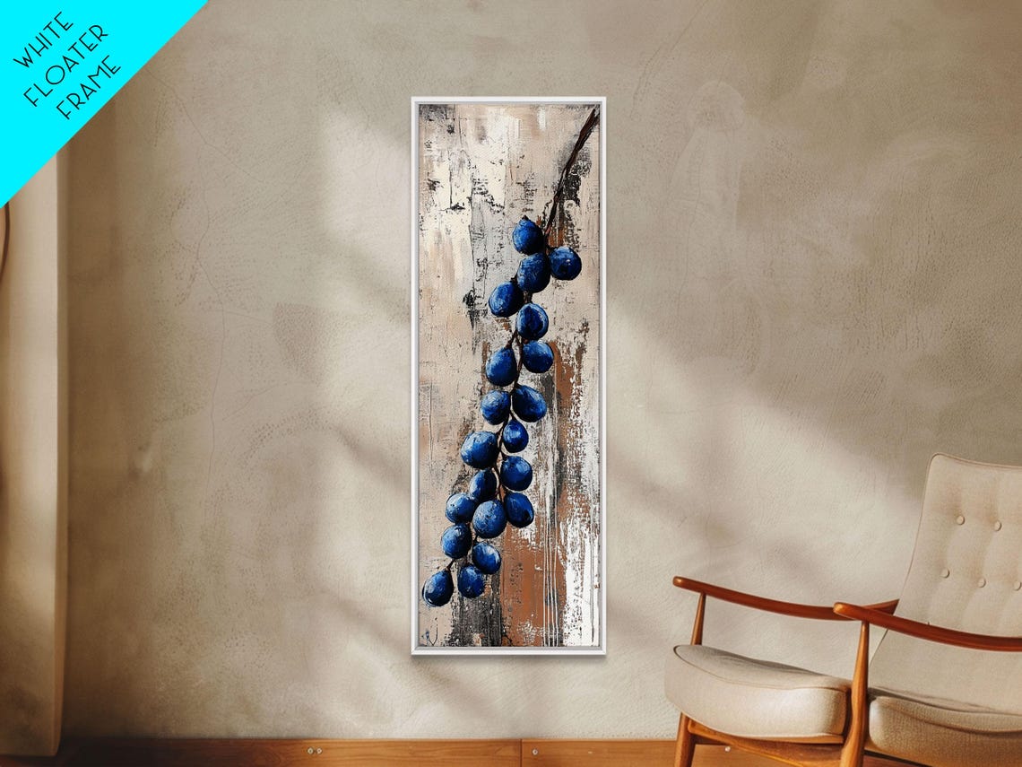 Blue Berries Branch Modern Abstract Still Life Neutral Wall Art - Image 2