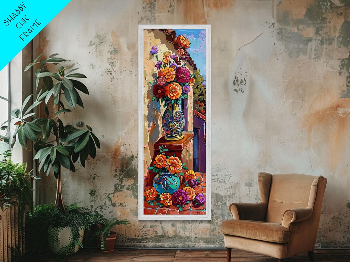 Mexican Talavera Vase Zinnia Flowers Courtyard Impasto Wall Art Poster - Image 2