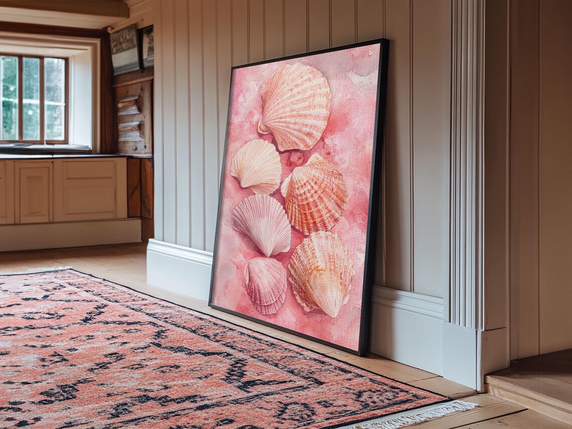 Blush Pink Scallop Seashells Watercolor Coastal Beach Wall Art Poster - Image 4