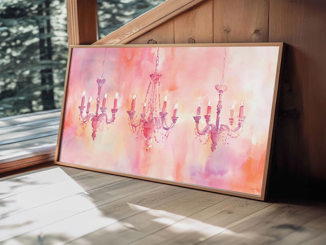 Pink Candle Chandeliers Trio Watercolor Warm Romantic Lighting Poster - Image 4