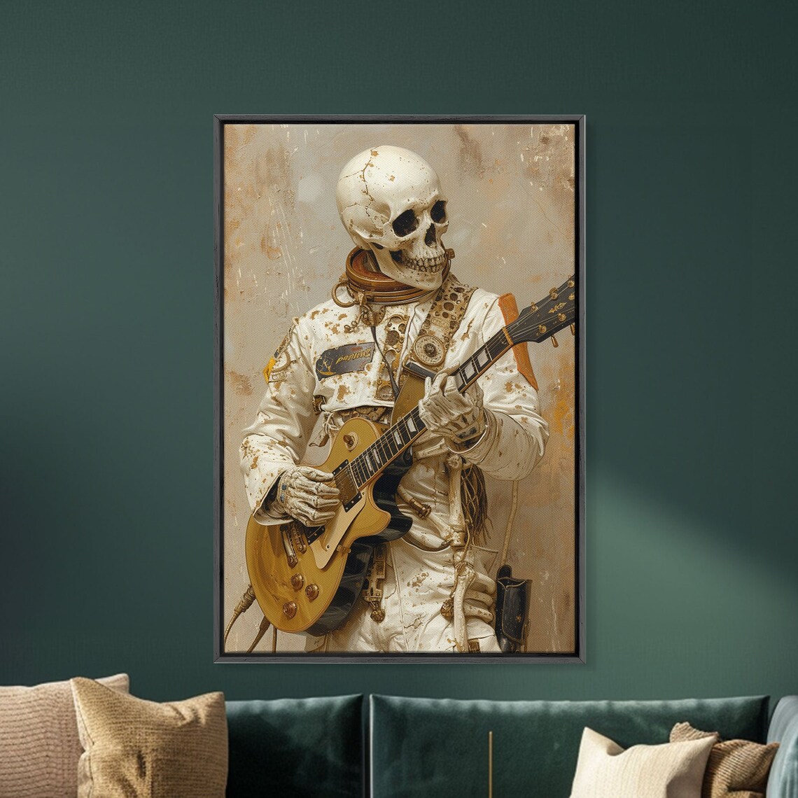 Skeleton Astronaut Playing Guitar Vintage Gothic Oil Painting Wall Art - Image 2