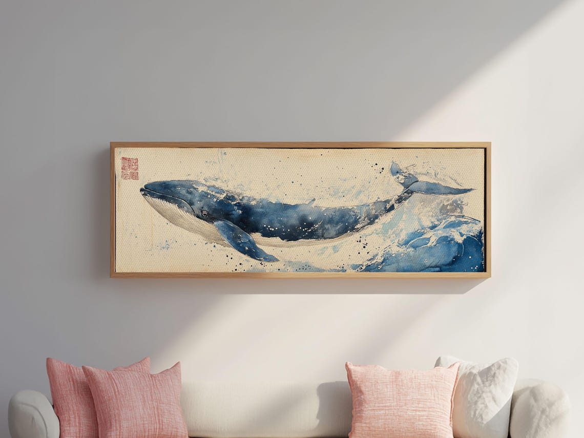 Panoramic Blue Whale Swimming Ocean Wave Watercolor Wall Poster - Image 6