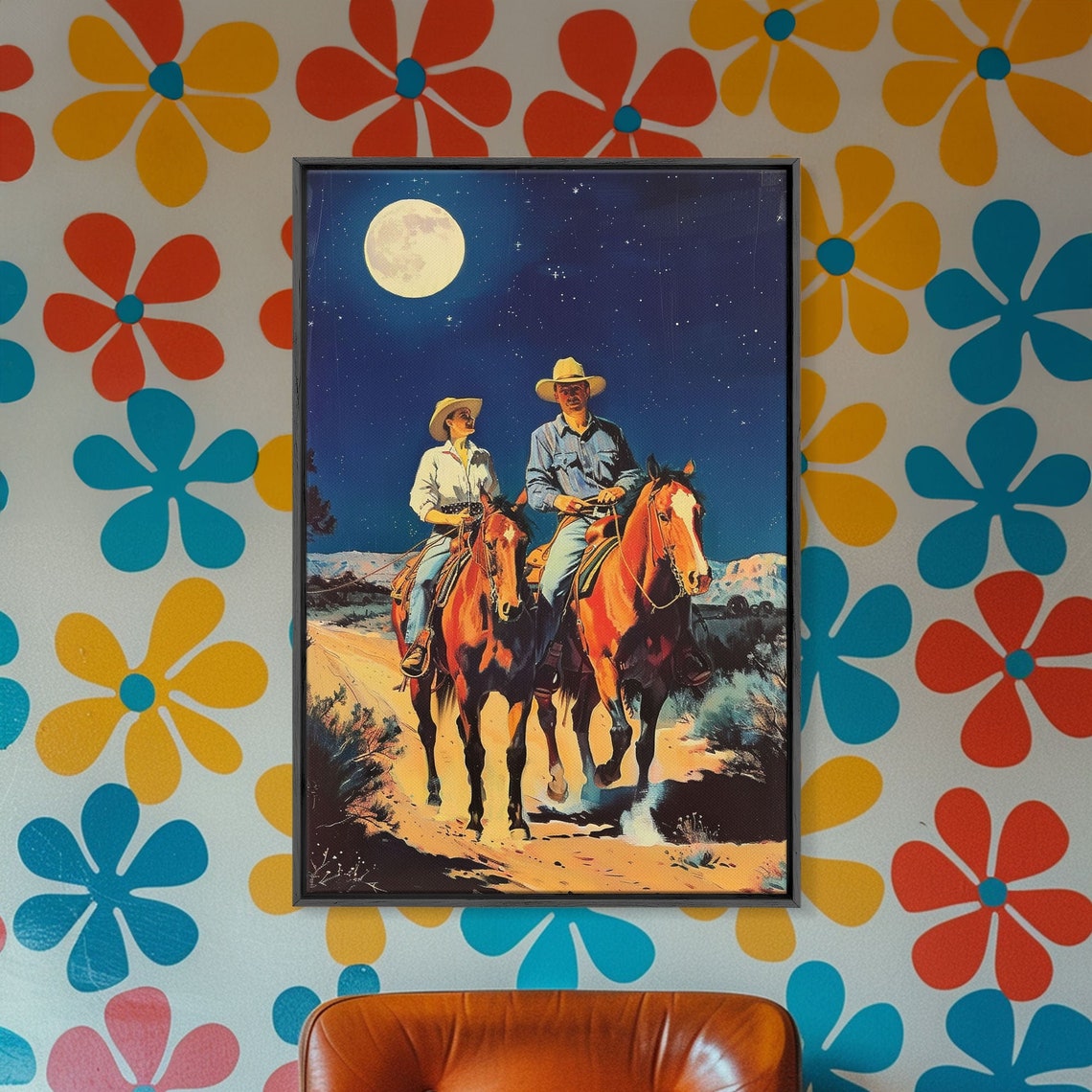 Cowboys Riding Horses Under Moonlight In Starry Night Western Poster - Image 5