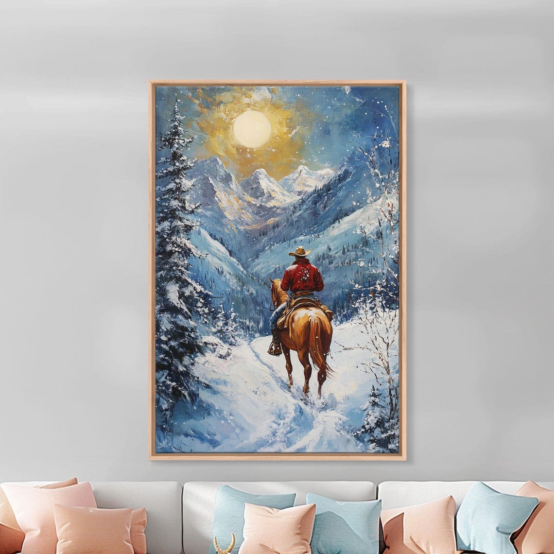 Cowboy Riding Under Golden Moon Snowy Mountain Peaks Night Poster - Image 3