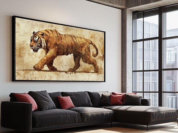 Tiger Prowling Sepia Watercolor Vintage Style Big Cat Painting Print