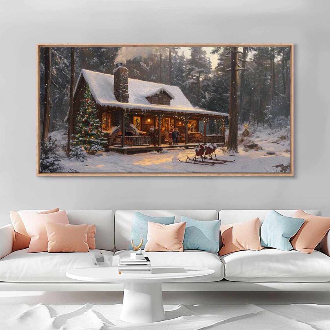 Snowy Log Cabin Porch Christmas Tree Sleds Night Winter Wall Art - Image 4