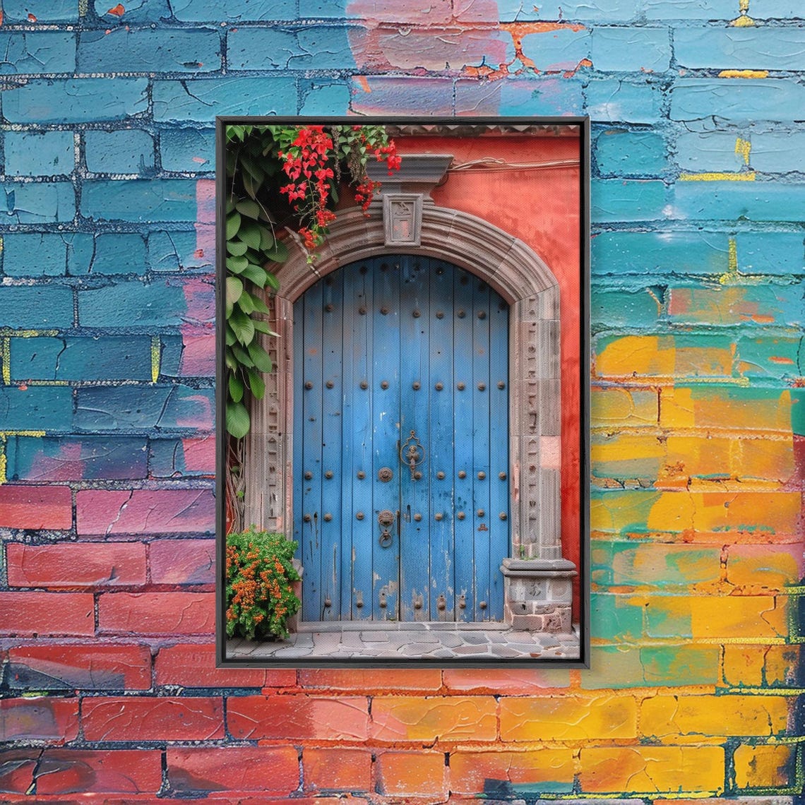 Traditional Mexican Style Rustic Blue Door Tall Art Framed Print Featuring Detailed Architecture - Image 4