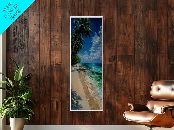 Sunny Coastal Beach Scene With Shaded Palm Trees Skinny Art Framed Print For Living Room Wall Art
