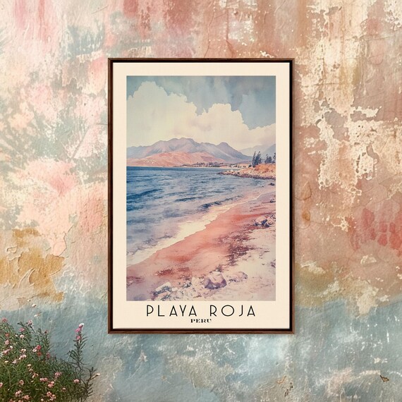 Playa Roja Peru Red Sand Beach Arid Mountains Watercolor Travel Poster