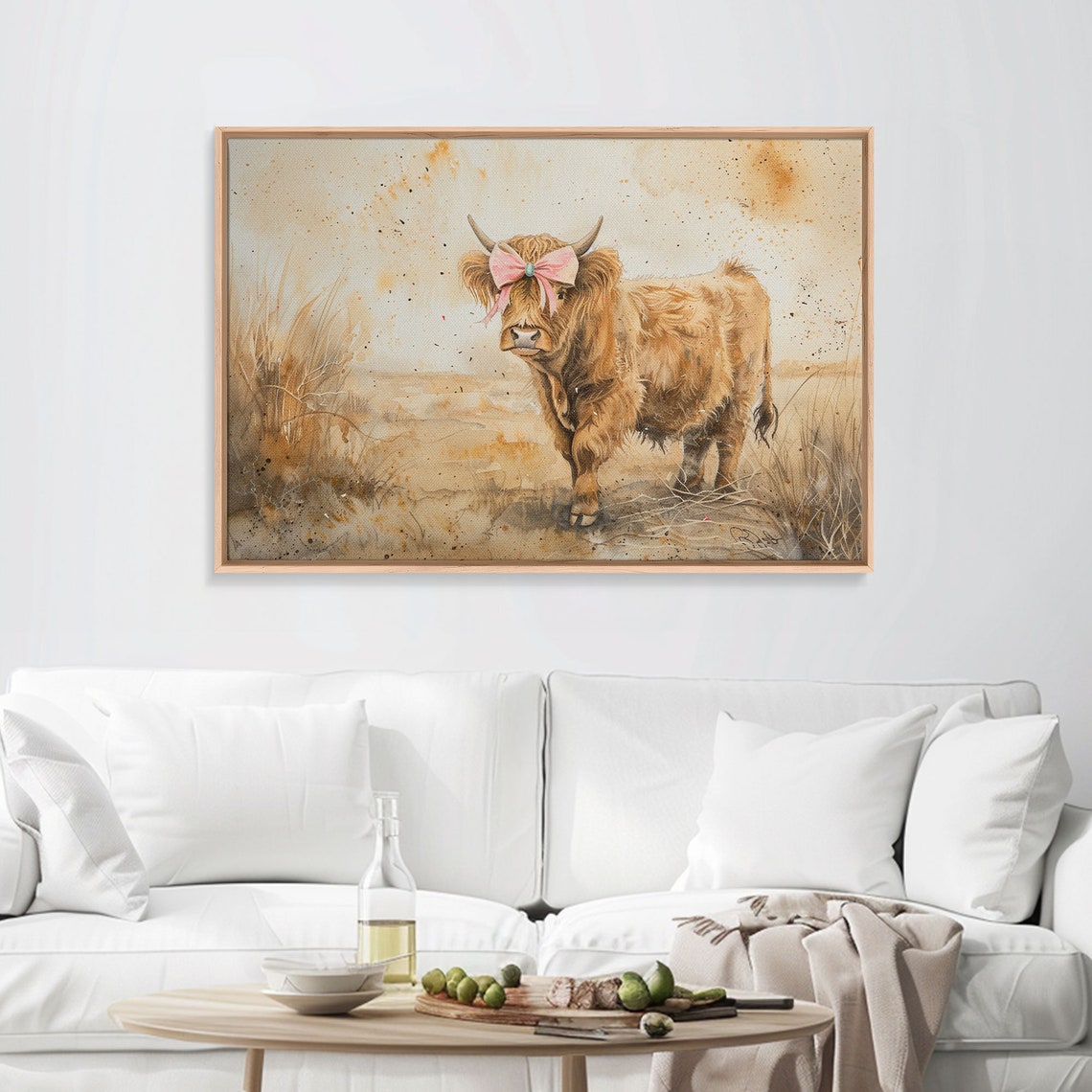 Highland Cow With Pink Bow Watercolor Field Farm Animal Wall Art
