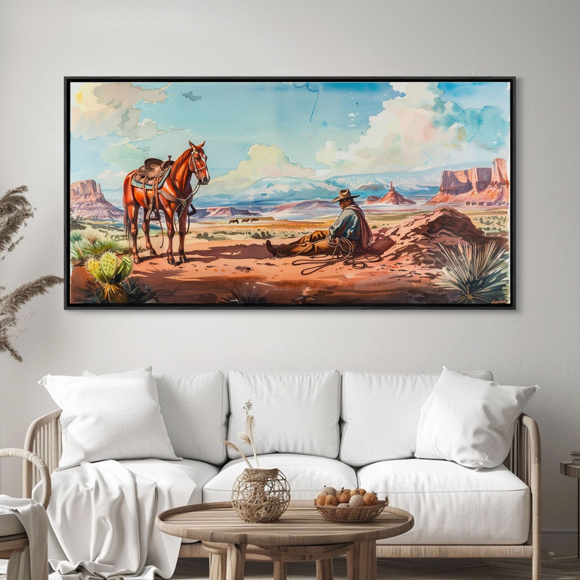 Cowboy Sitting Beside Horse Desert Valley Mesas Watercolor Poster - Image 3