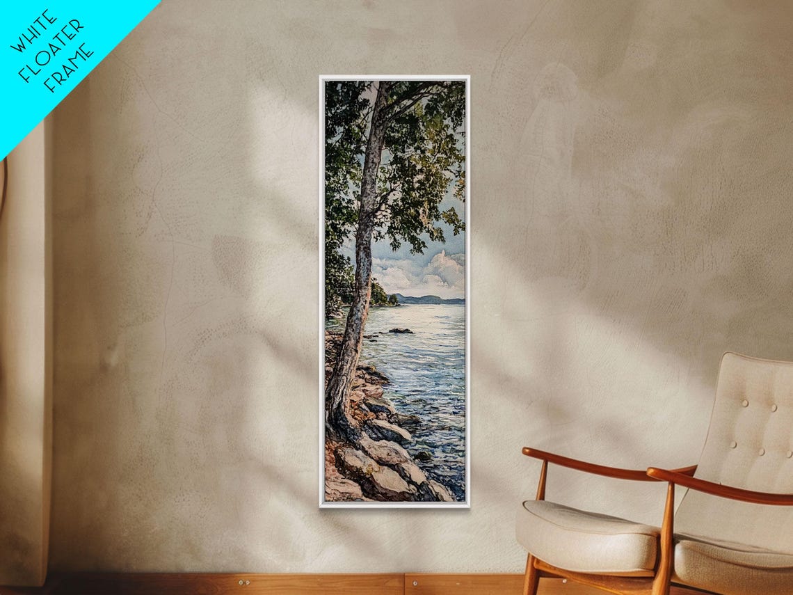 Birch Tree on Rocky Lakeshore Calm Blue Water Scene Wall Art - Image 6