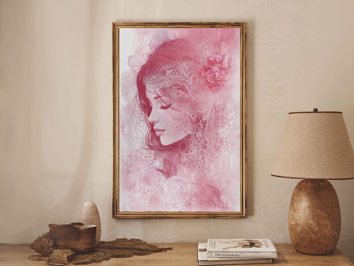 Pink Woman Portrait Lace Floral Sketch Elegant Romantic Art Poster