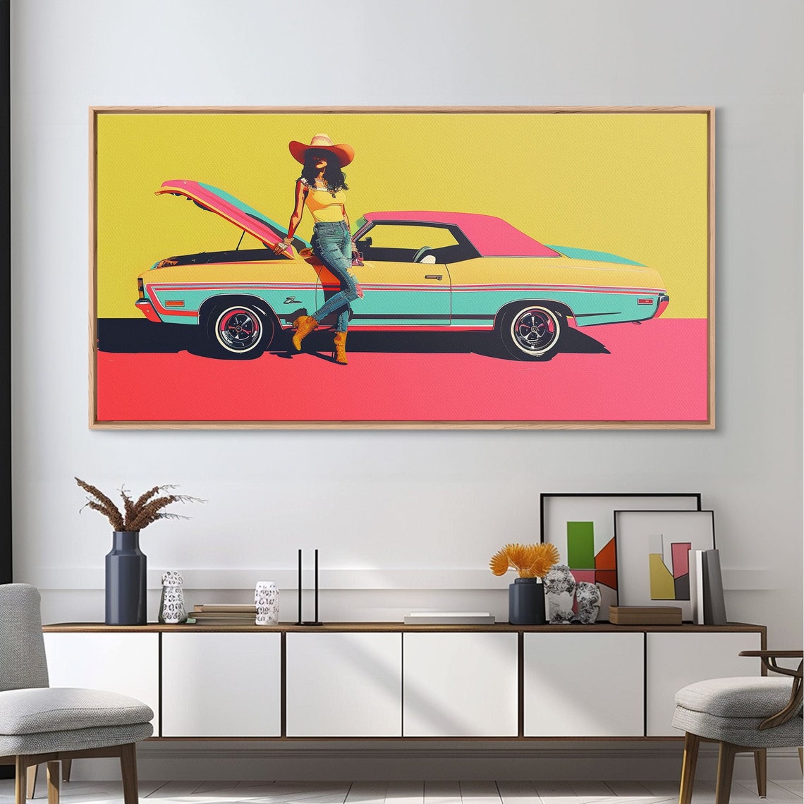 Colorful Pop Art Cowgirl Leaning On Retro Two Tone Classic Car Poster - Image 3