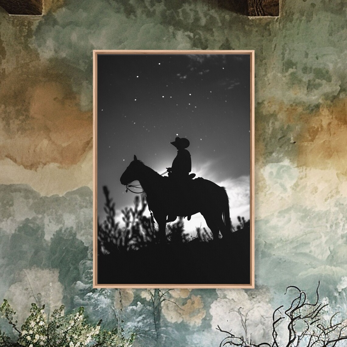 Cowboy On Horseback Under Starry Night Sky Art Print