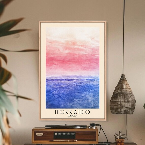 Hokkaido Japan Pink Sunrise Ocean Abstract Seascape Watercolor Art Poster