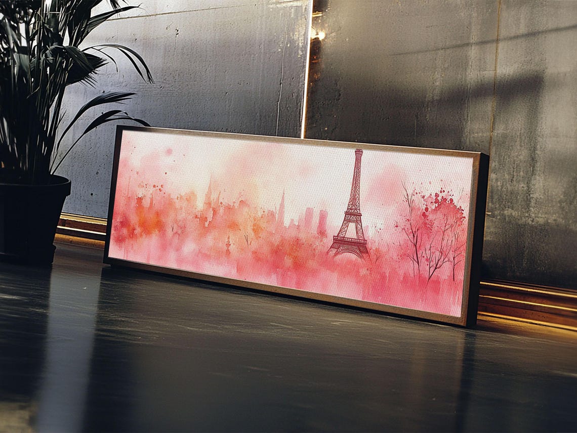 Paris Eiffel Tower Blush Pink Watercolor Skyline Travel Poster