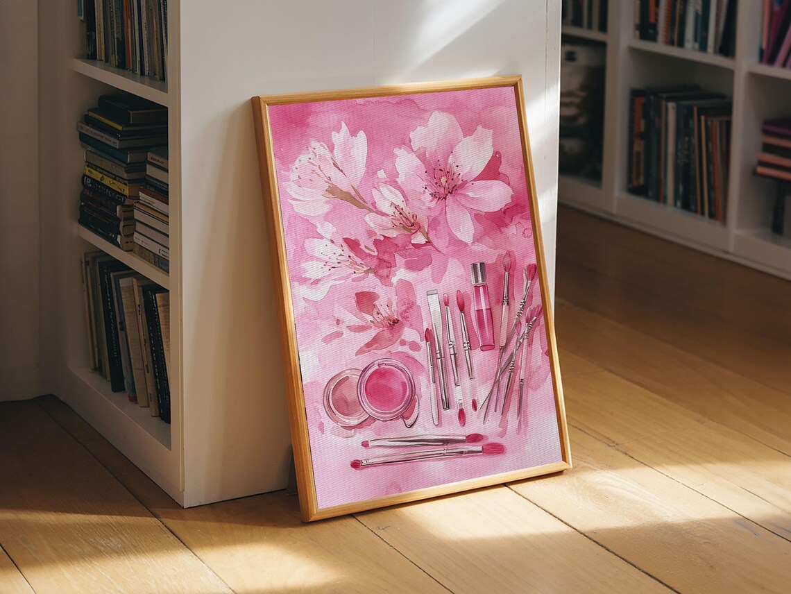 Cherry Blossom Print Featuring Makeup And Brush Theme Perfect Whimsical And Light Pink Wall Art Bedroom Or Bathroom Decor - Image 6