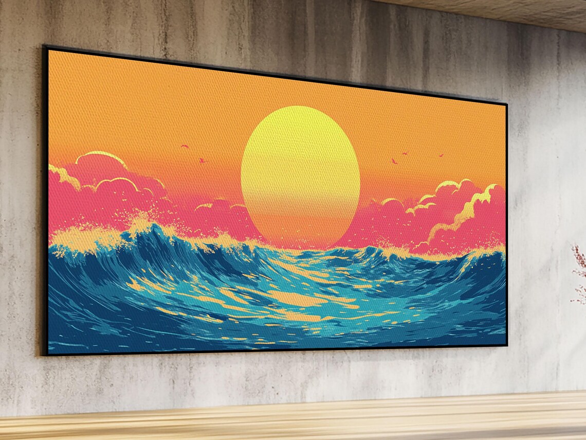 Retro Synthwave Sunset Over Ocean Waves Big Sun Colorful Beach Wall Poster - Image 5