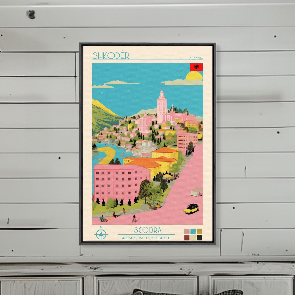 Shkoder Albania Lakeside Old Town Clock Tower Hills View Travel Poster - Image 5