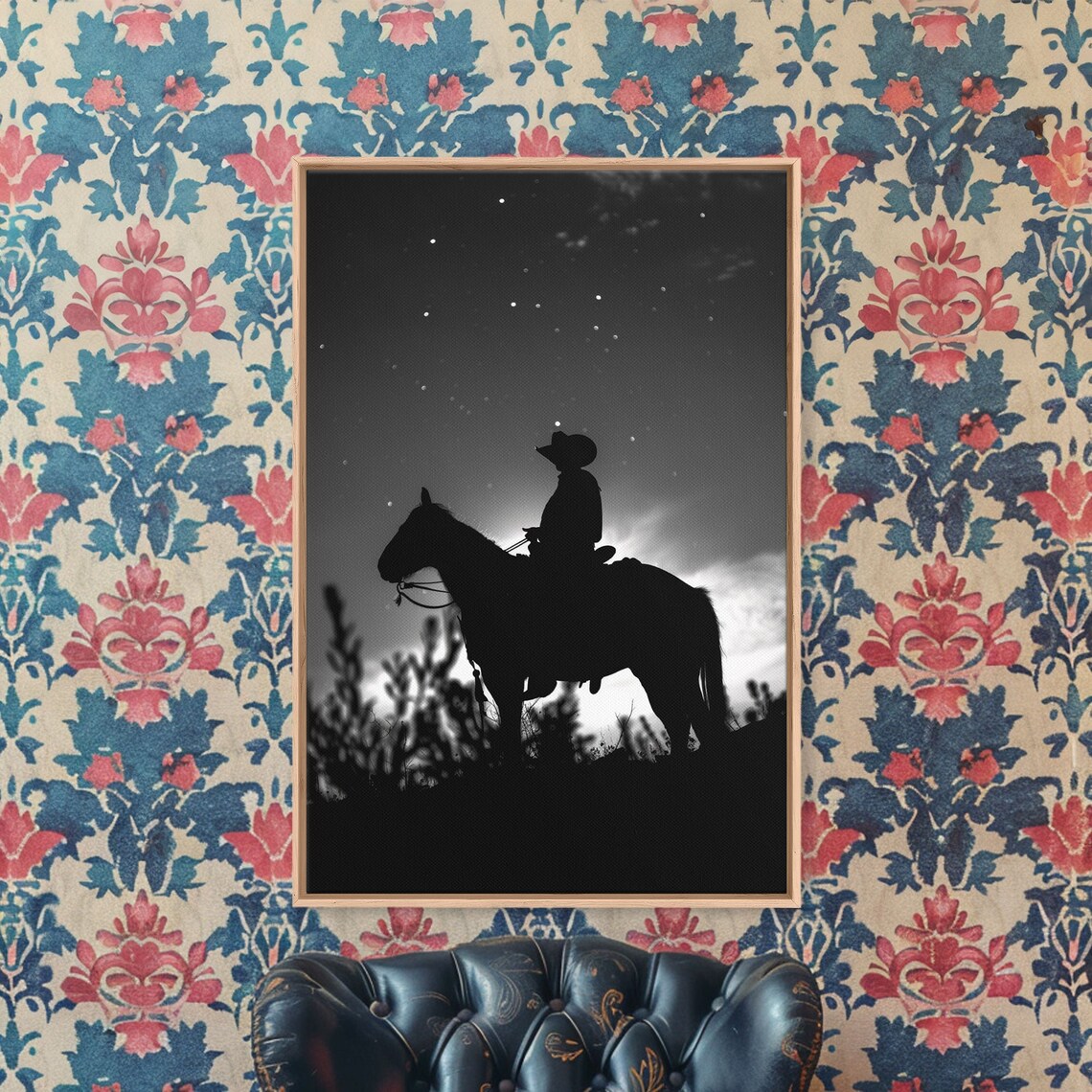 Cowboy On Horseback Under Starry Night Sky Art Print - Image 4