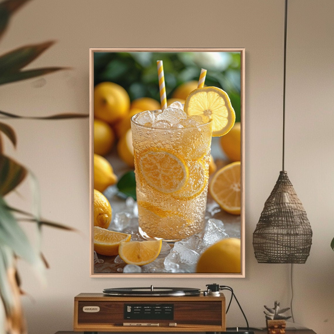 Sparkling Lemonade Glass Lemon Slices Striped Straws Wall Art - Image 2