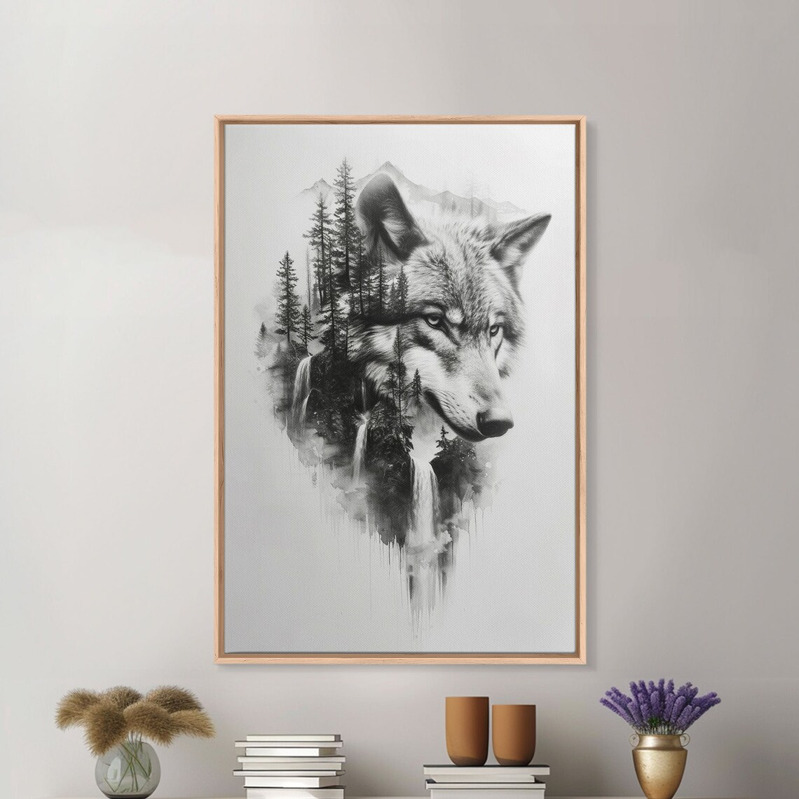 Wolf Forest Landscape, Black And White Minimalist Art