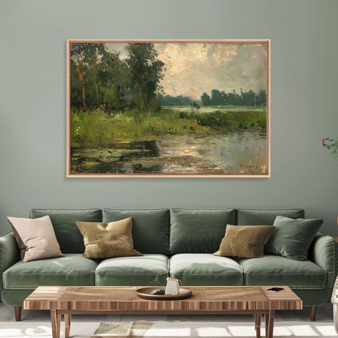 Tranquil Wetland Pond Trees Vintage Impressionist Oil Painting Print - Image 4
