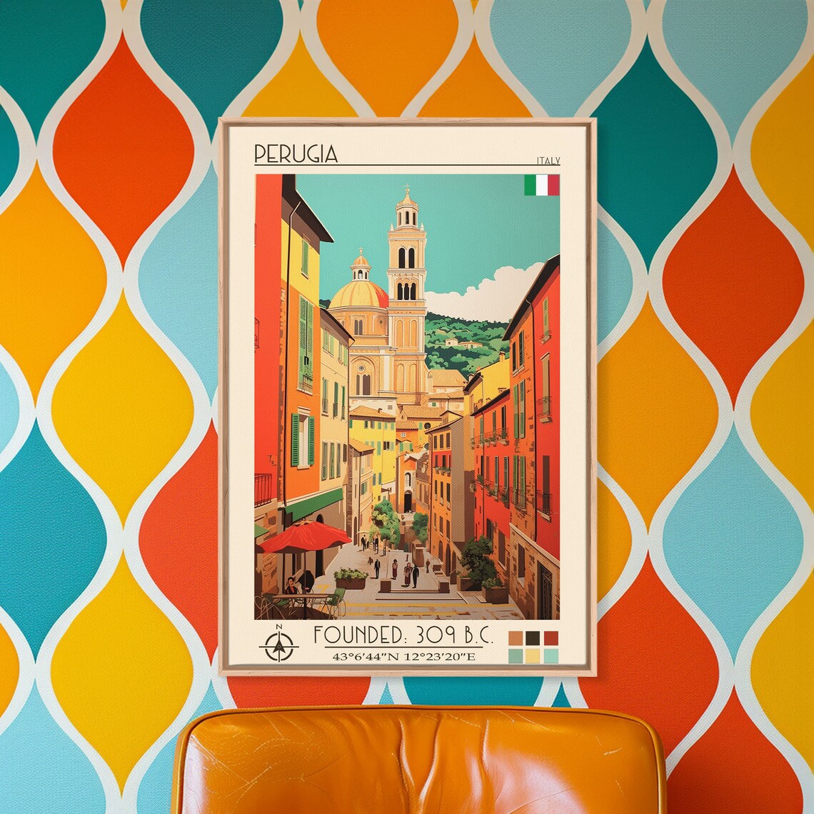 Perugia Italy Cathedral Bell Tower Old Town Street Travel Poster