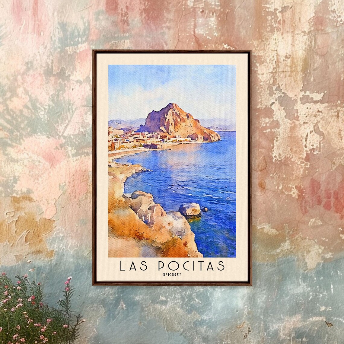 Las Pocitas Peru Rocky Headland Coastal Town Blue Sea Watercolor Poster - Image 3
