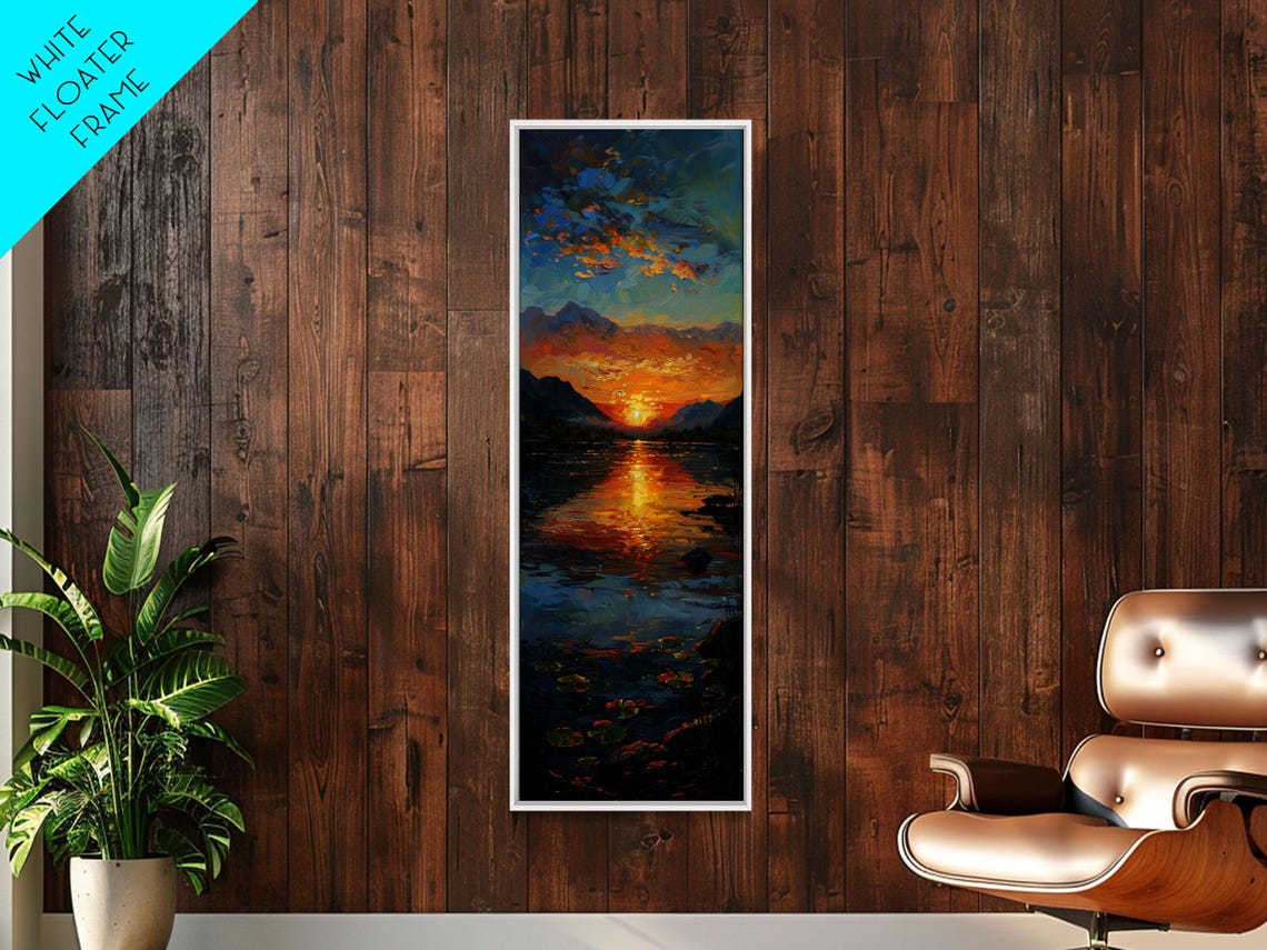 Vibrant Sunset Over Mountain Lake Reflection Oil Painting Print